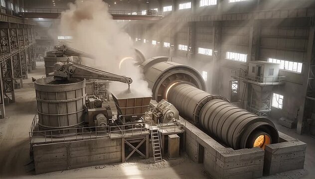 Massive rotary kilns spinning slowly in a cement factory, with dust clouds forming around grinding mills and automated hoppers feeding raw materials.
