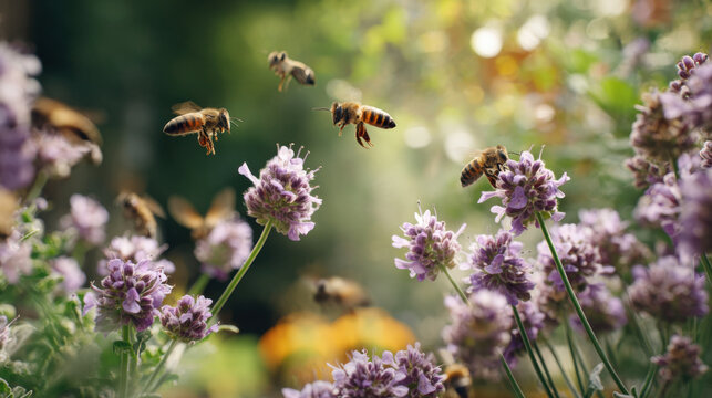 Honeybees buzzing around lavender flowers in a sunlit garden, capturing the essence of summer