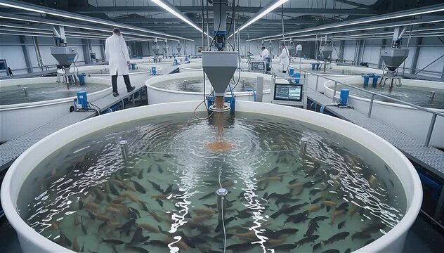 Fish tanks at an aquaculture farm with automated feeders releasing food, water circulation systems maintaining flow, and sensors tracking growth metrics.
