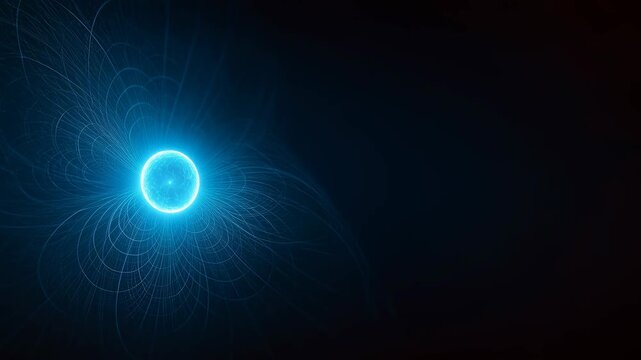 Quantum computing future concept with glowing blue particle, abstract energy lines, and light wave on dark background, symbolizing innovation, advanced technology, science, and digital advancement