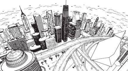 Obraz premium City landscape. Different buildings on street, outline cityscape hand sketch, flat houses. Hand drawn vector illustration