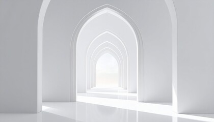 Fototapeta premium Architectural Perspective - A Bright White Corridor with Arched Openings.