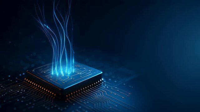 Quantum computing microchip technology with glowing blue circuit innovation, digital science, and artificial intelligence&mdash;futuristic microchip board emits blue light symbolizing advanced quantum