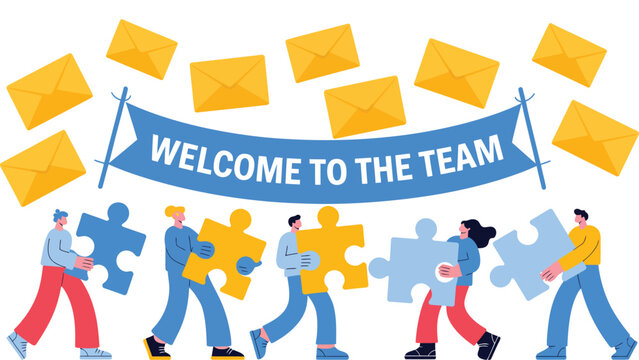 Welcome To The Team Banner With Business People Holding Puzzle Pieces And Envelopes Flat Vector Illustration Concept