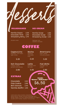 Modern dessert menu poster with coffee, milkshakes, ice cream and sweet extras. Brown background with pink accents, clean typography and promotional combo offer. Template for cafe, coffee shop or dess