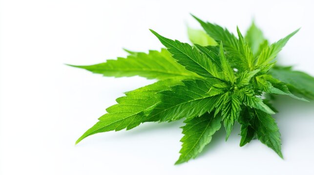 Studio shot of vibrant green cannabis leaves against a pure white surface