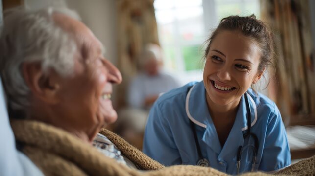 Panorama of a cheerful nurse with a stethoscope beside a blanket-wrapped elderly man in a warm nursing home room