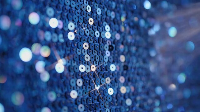 Bright blue sequins create a shimmering pattern at a fashion event in the evening during a runway show