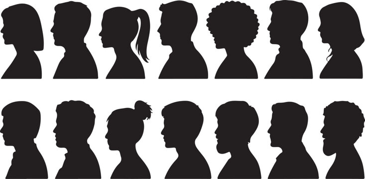 Vector silhouette of set of profile face of different people