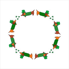 Fototapeta premium Vector St. Patrick's Day round frame with dachshunds in hats and maple leaf wreath, cute flat holiday design isolated on white.