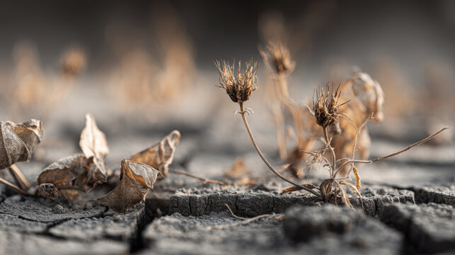 Dry cracked earth with withered plants symbolizing drought and environmental hardship. Parched, cracked soil with dead vegetation, illustrating severe effects of drought arid conditions on environment