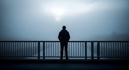 Obraz premium A lone figure stands on a bridge railing, gazing at a misty, foggy landscape with a distant sun.