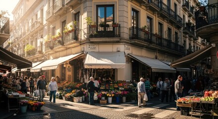 Obraz premium Busy outdoor market street in historic European city with shoppers