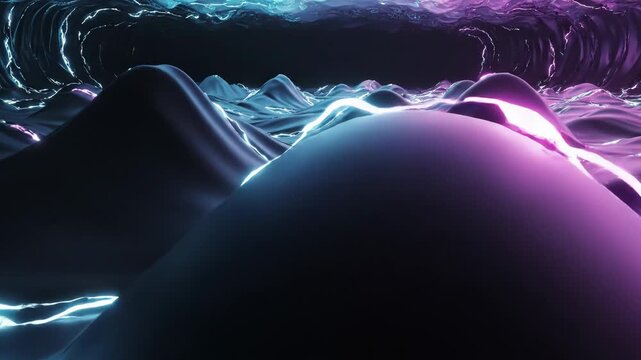 Vibrant purple and blue electric waves on a dark background with lightning