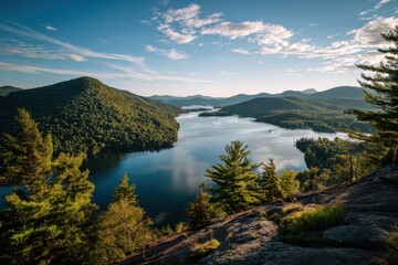 Upstate New York landscape: distant hills, emerald lake, and evergreen trees at sunset