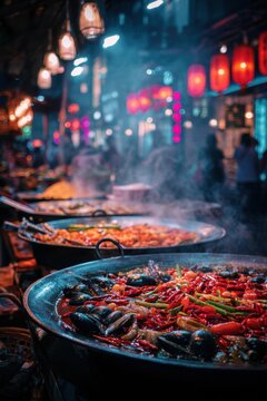 Close-up of colorful spicy malatang ingredients in steaming hot pot at vibrant night food market