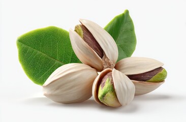 Pistachios and leaves arranged close up on a white background, some open