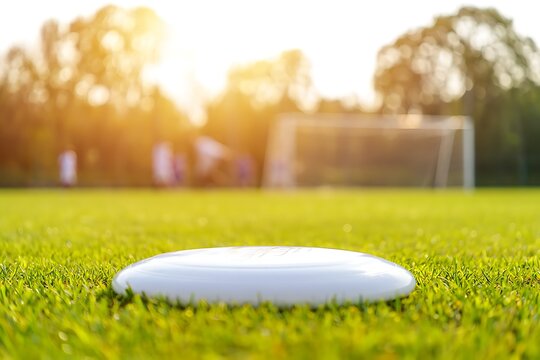 Worn ultimate frisbee on green grass field during sunset. Players compete near soccer goal in warm golden evening light, capturing active outdoor recreation and teamwork.