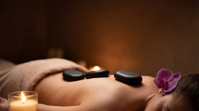 Hot stone massage with smooth basalt stones relaxed woman lying towel tranquil spa setting, warm candlelight and orchid adding calming atmosphere