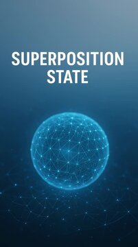 Quantum computing future with superposition state digital sphere, blue mesh network, abstract glowing technology, science innovation, data energy, particle physics, cyberspace communication