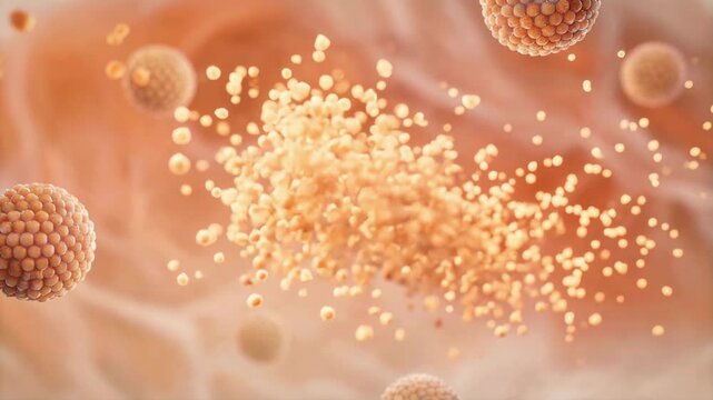 Microscopic cell undergoing membrane rupture and disintegration with particles dispersing in tissue environment