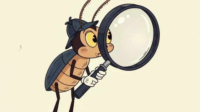 Funny cartoon bug detective looking through an optical magnifier. Insect pest inspection and discovery for extermination concept.