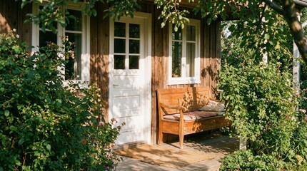 Obraz premium Rustic wooden house with white door and windows, surrounded by lush green foliage. A cozy wooden bench sits on the sunlit porch.