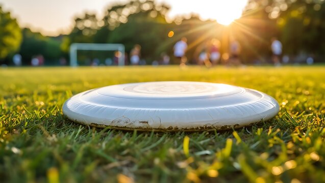 Worn ultimate frisbee on green grass field during sunset. Players compete near soccer goal in warm golden evening light, capturing active outdoor recreation and teamwork.