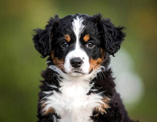 Portrait of a young Bernese Mountain Dog puppy with a focused gaze and distinctive markings