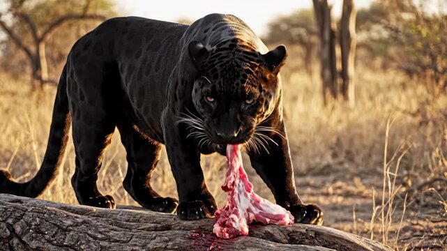 Black panther devouring prey on a fallen log in a grassy landscape at sunset, demonstrating wild