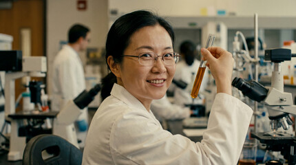 A smiling scientist holding a test tube in a lab.