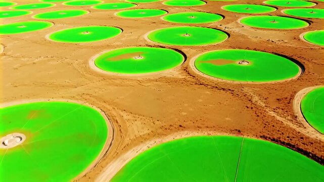 Aerial View of Center-Pivot Irrigation Fields &ndash; Vibrant Green Circles in Arid Landscape at Golden Hour