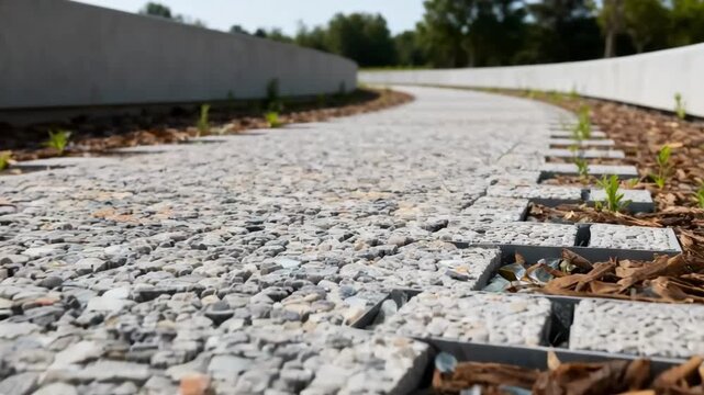 Medium shot of an outdoor path made from mixed recycled materials emphasizing innovative permeability and environmental impact.