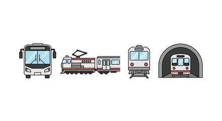 Public Transportation Vehicles Bus Train Subway Tunnel Icons Set.