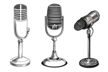 Three Microphones Engraving Style Vector On White Background