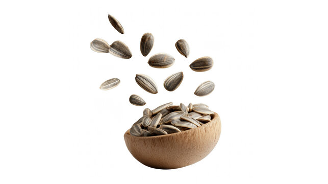 Sunflower seeds falling into a small wooden bowl isolated on a white background