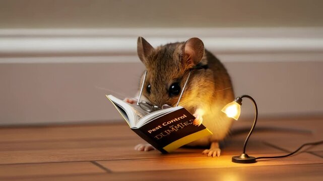 Mouse reading a pest control for dummies book under a small lamp. Rodent exploring ways to manage pests or outsmart extermination.