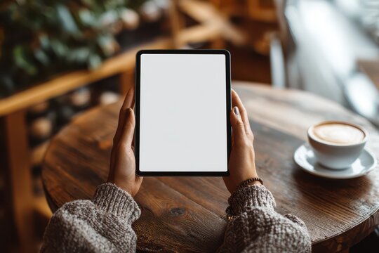 Modern cafe setting: a woman holding a tablet with a blank screen, soft background blur