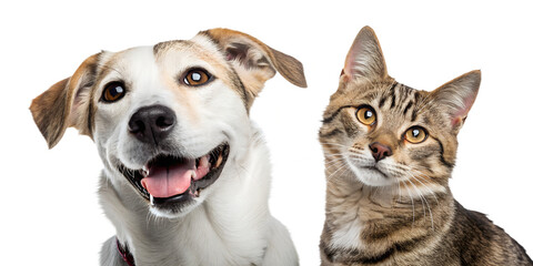 Fototapeta premium Close Portrait of Happy Golden Retriever and Tabby Cat on White Background