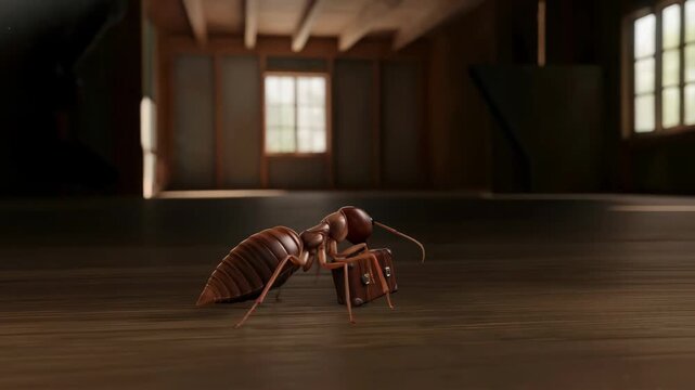 Cartoon termite carrying a small suitcase into a wooden wall hole, showing pest infiltration and potential home damage