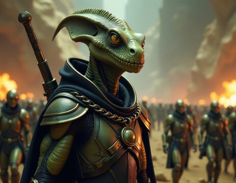 Reptilian Alien Commander Leading Armored Army in Sci-Fi Battle.