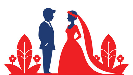 Wedding Couple Silhouette with Floral Accents