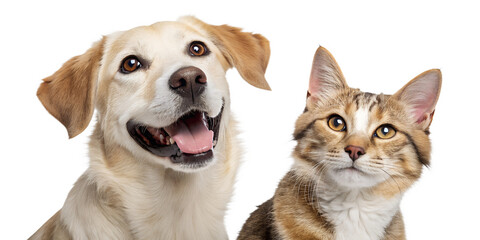 Fototapeta premium Close Portrait of Happy Golden Retriever and Tabby Cat on White Background