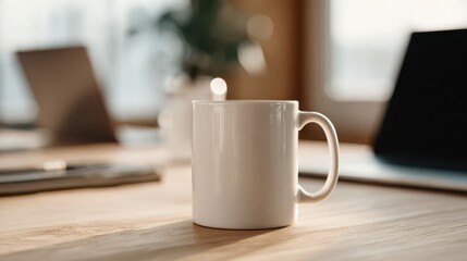 Fototapeta premium White ceramic coffee mug on a wooden kitchen table with laptops in the background, ideal for custom text or quotes