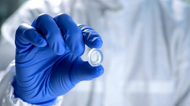 Scientist hand glove holding rare earth elements sample laboratory focus small round material research cleanroom precision technology concept science innovation medicine sterile industry experiment