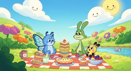 Naklejka premium Cartoon friends having a picnic in a sunny flower meadow