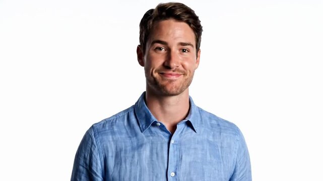 Man gives thumbs up in blue shirt against plain background during day