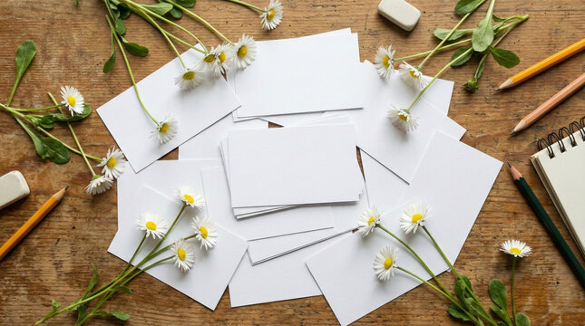 Blank White Flashcards Pile with Spring Daisies