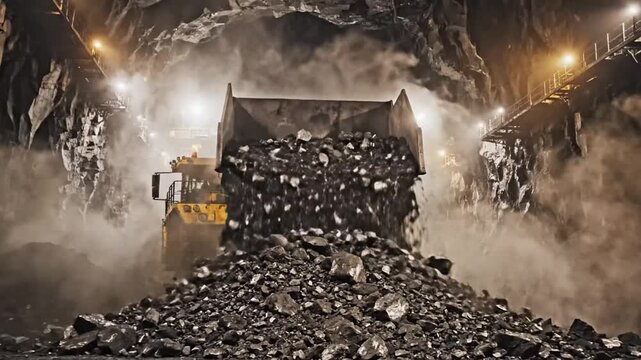 Heavy machinery moves large piles of coal in an underground mine in the evening hours to support energy production and industry needs