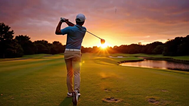 Golfer takes a swing at sunset on the golf course in the evening light over the water